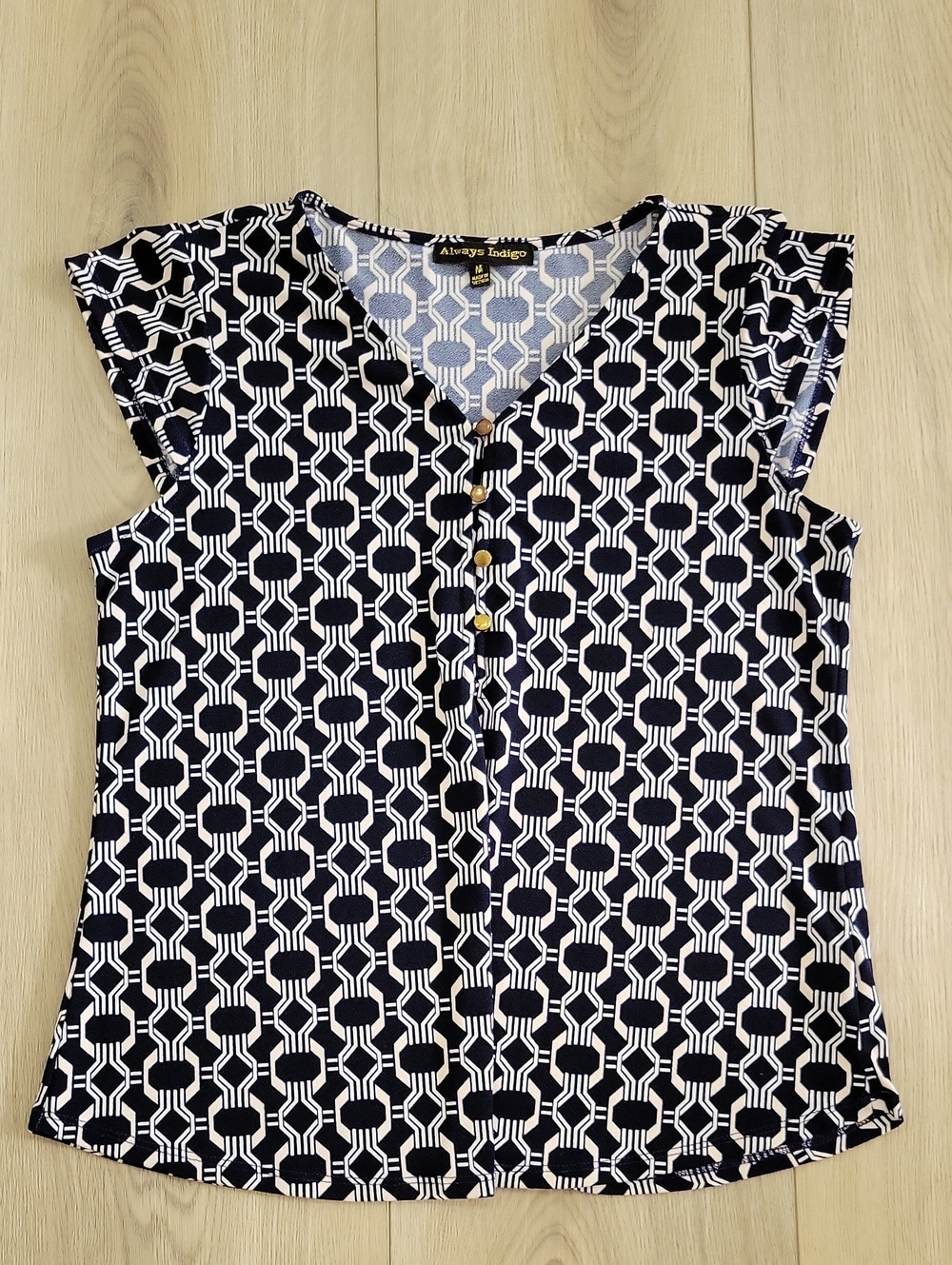 Always Indigo Navy & White Geometric V-Neck Button Top